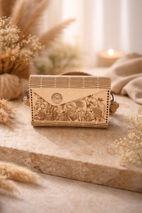 Sac à main en bois clair gravé – Bandoulière corde beige 