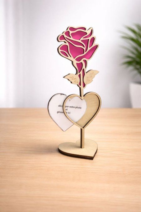 Rose en bois porte-photo – Support cœur