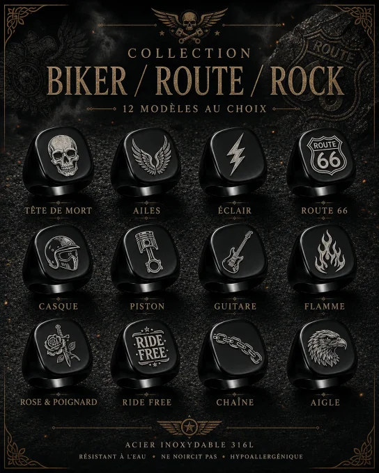 Motifs biker route et rock pour chevalière noire