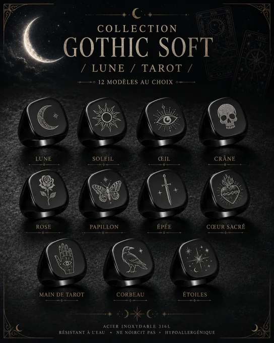 Motifs gothiques lune et tarot pour chevalière noire