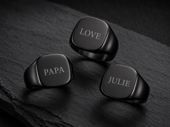 Chevalière noire gravée personnalisable – motif, texte ou photo