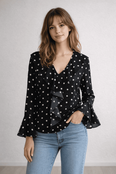 Blouse à pois volant cascade, noir, col V, manches évasées