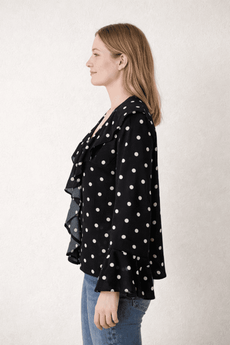 Blouse à pois volant cascade, noir, col V, manches évasées