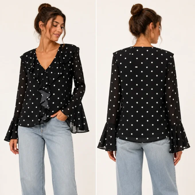 Blouse femme noire à pois et volant cascade – taille unique