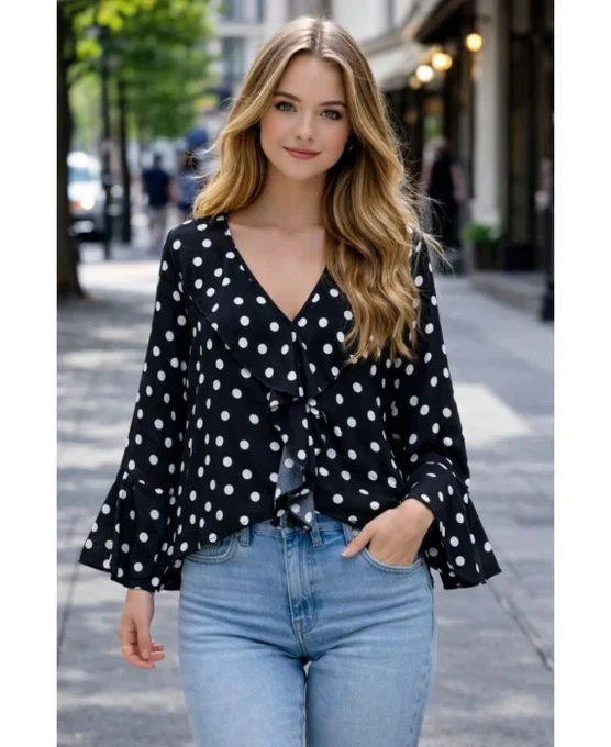 Blouse femme noire à pois et volant cascade – taille unique