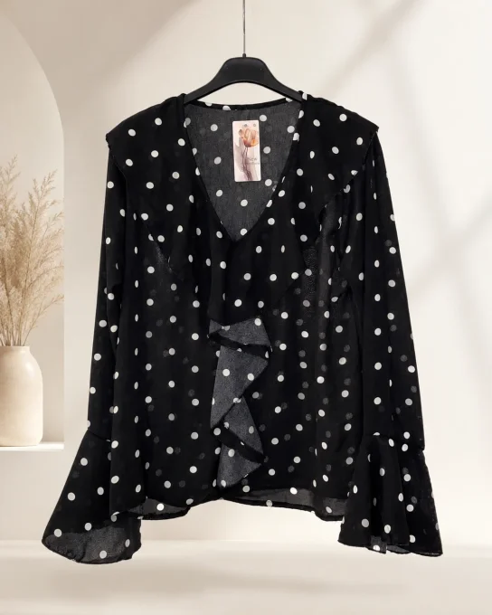 Blouse femme noire à pois et volant cascade – taille unique