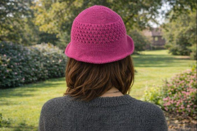 Bob au crochet fait main rose fuchsia, maille ajourée