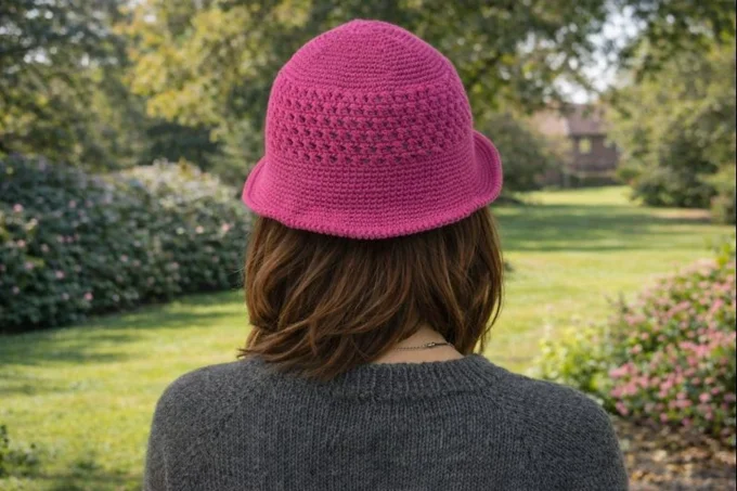 Bob au crochet rose fuchsia fait main, maille ajourée – 58 à 60 cm