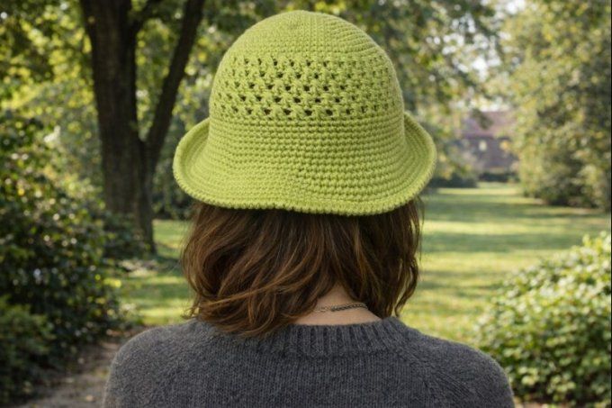 Bob au crochet fait main vert anis, maille ajourée