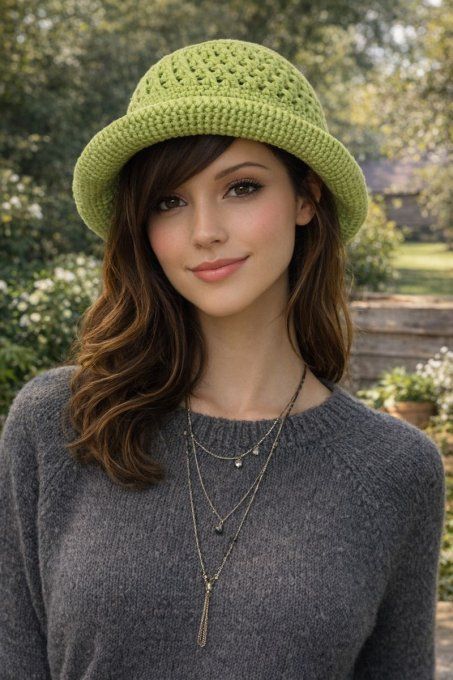 Bob au crochet fait main vert anis, maille ajourée