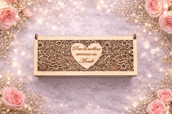 Boîte cadeau en bois gravée personnalisée (tilleul) — 18×7×5 cm