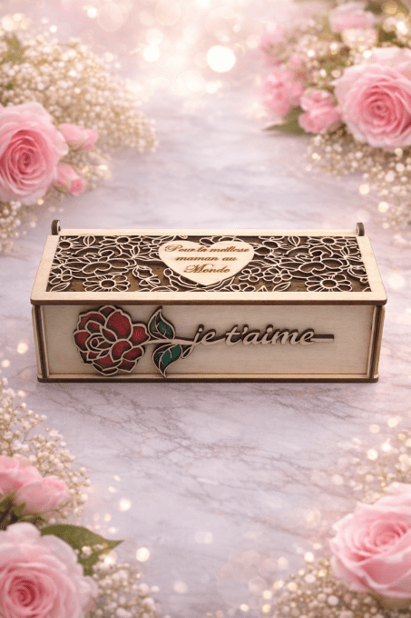 Boîte cadeau en bois gravée personnalisée (tilleul) — 18×7×5 cm