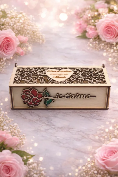 Boîte cadeau en bois personnalisable avec rose et cœur gravé – tilleul 18 × 7 × 5 cm