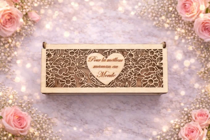 Boîte cadeau en bois personnalisable avec rose et cœur gravé – tilleul 18 × 7 × 5 cm