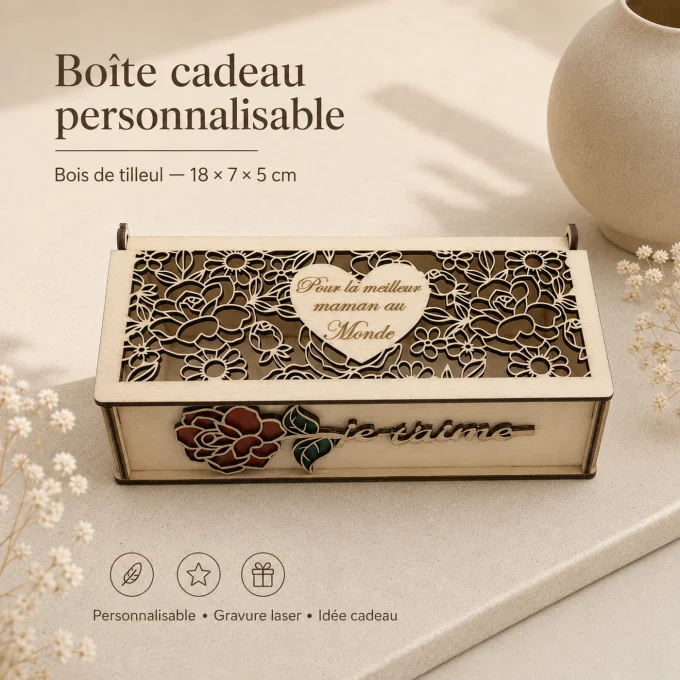 Visuel de presentation de la boite cadeau personnalisable en bois de tilleul avec gravure laser mama
