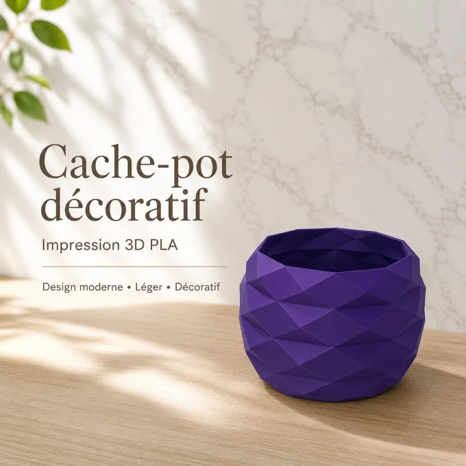 Infographie de présentation du cache-pot violet géométrique imprimé en 3D PLA au design moderne et é