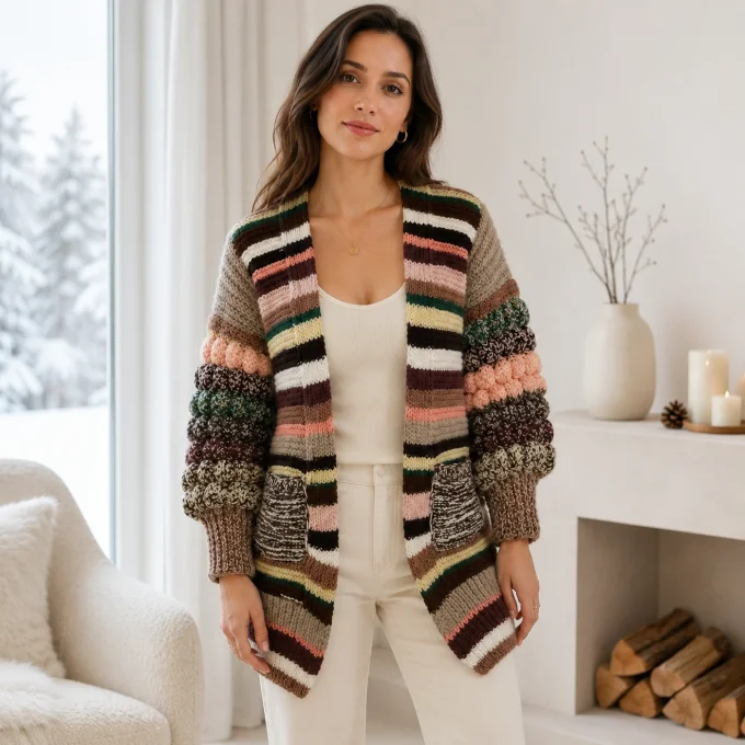 Cardigan femme multicolore rayé fait main – manches texturées