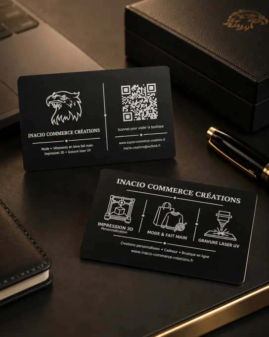 Dix modèles de cartes de visite en métal noir personnalisables avec logo, coordonnées et QR code