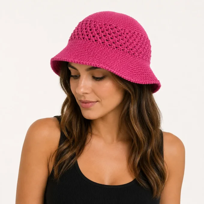Chapeau bob en crochet rose fuchsia pour femme, accessoire de mode d'été fait main avec mailles ajou