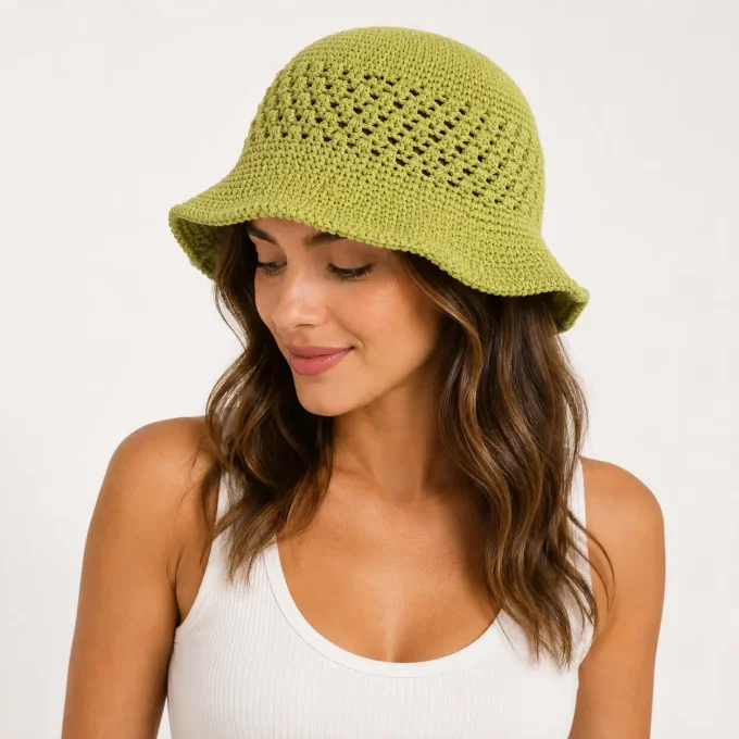 Chapeau bob en crochet vert anis pour femme, accessoire de mode d'été fait main avec mailles ajourée
