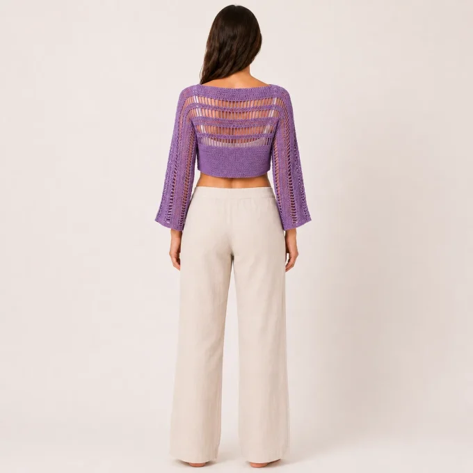 Crop-top crochet lavande ajouré, manches amples