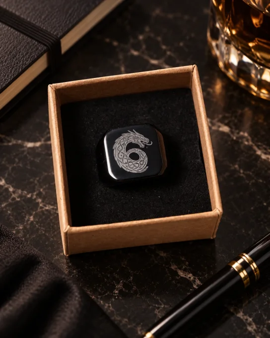 Chevalière noire gravée avec motif dragon