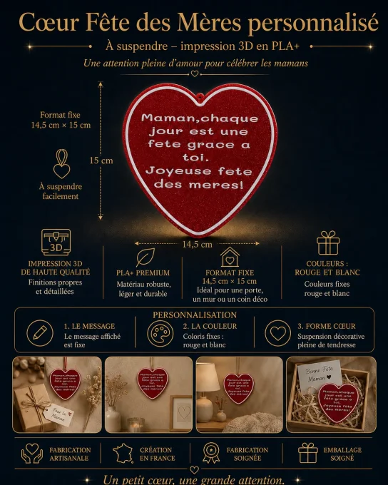 Infographie explicative de la plaque cœur Fête des Mères à suspendre en impression 3D rouge et blanc