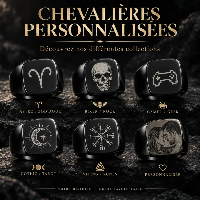 Différentes collections de chevalières noires personnalisables