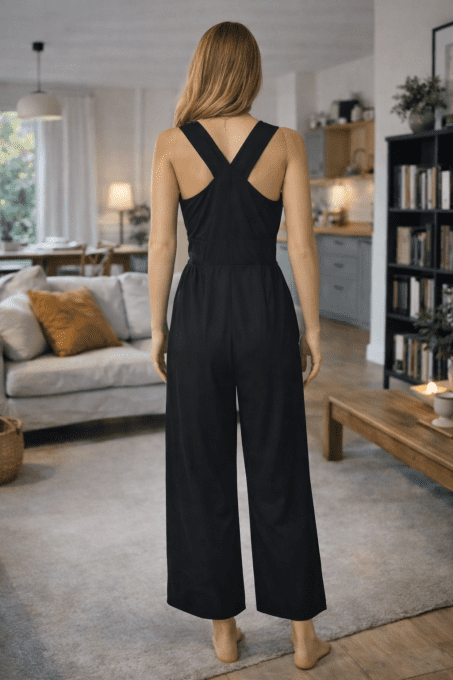 Combinaison pantalon noire — Décolleté V & dos croisé — Jambes larges (FR 44)