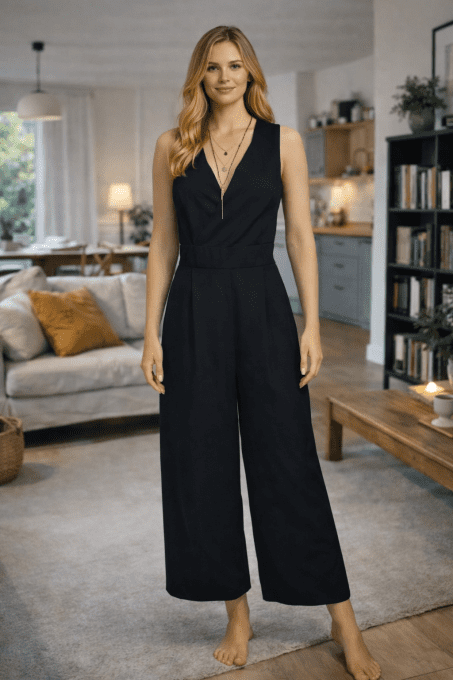 Combinaison pantalon noire — Décolleté V & dos croisé — Jambes larges (FR 44)