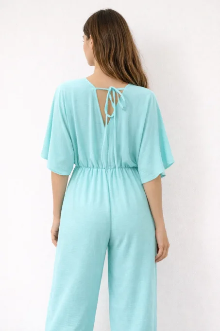 Combinaison femme fluide bleu turquoise à dos noué – taille unique