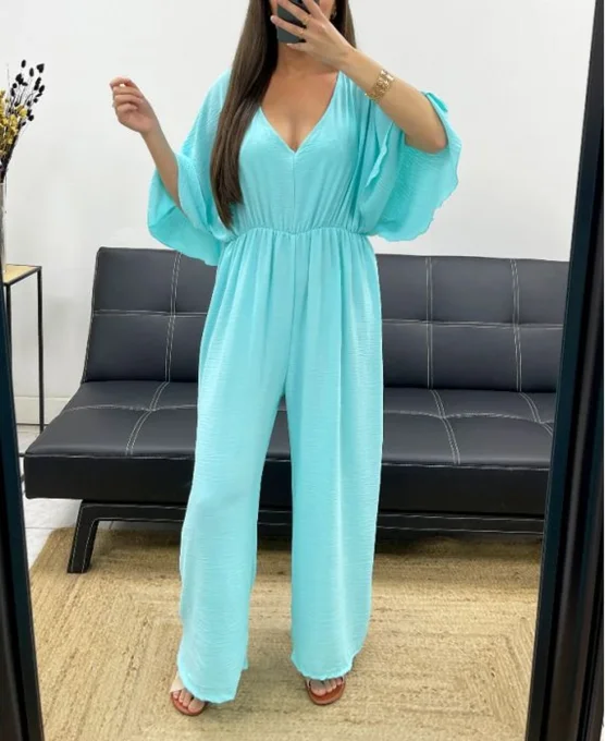 Combinaison femme fluide bleu turquoise à dos noué – taille unique