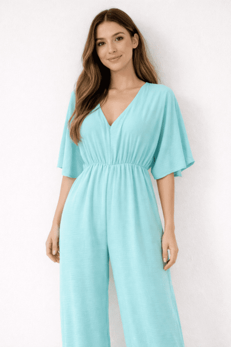 Combinaison fluide ceinturée, dos à nouer bleu turquoise