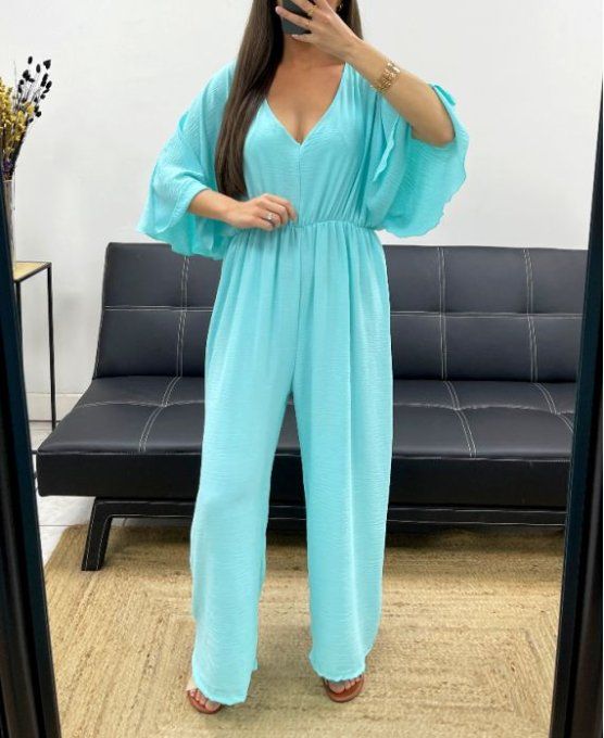 Combinaison fluide ceinturée, dos à nouer bleu turquoise