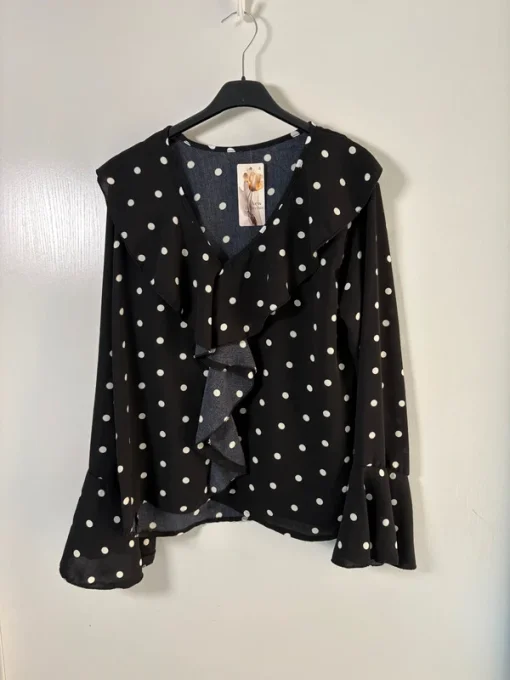Blouse à pois volant cascade, noir, col V, manches évasées