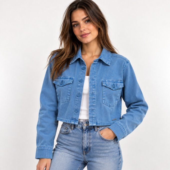 Veste courte Creeks en jean bleu délavé vue de face