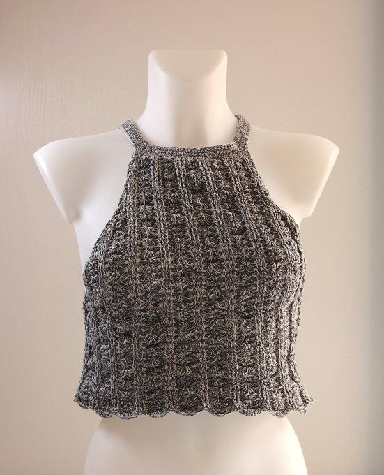 Top dos nu crochet gris chiné 100% coton fait main M 38-40