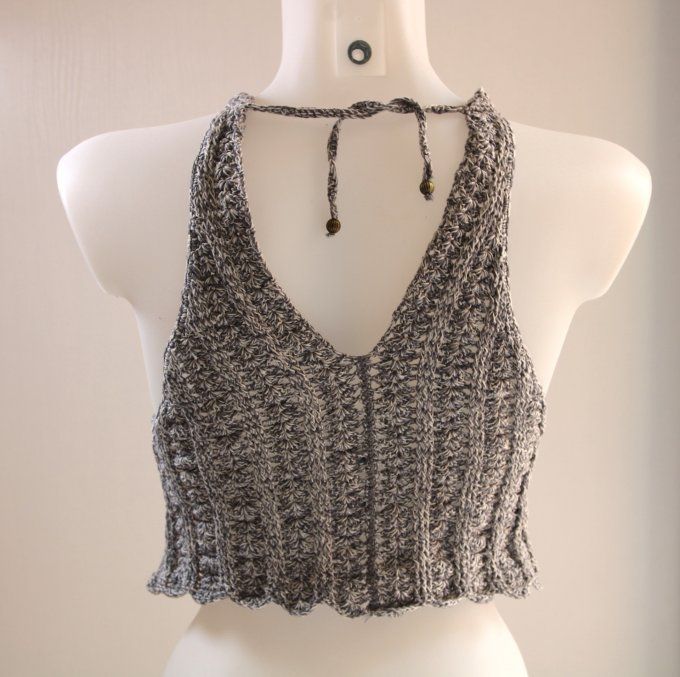 Top dos nu crochet gris chiné 100% coton fait main M 38-40