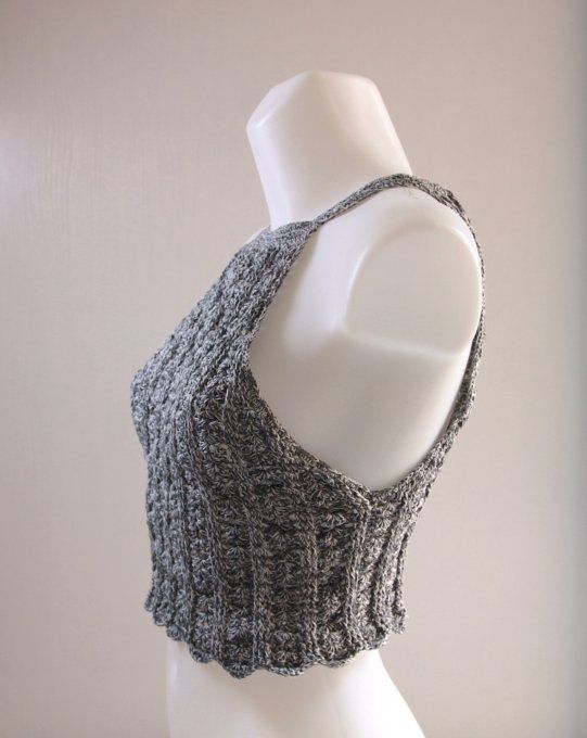 Top dos nu crochet gris chiné 100% coton fait main M 38-40