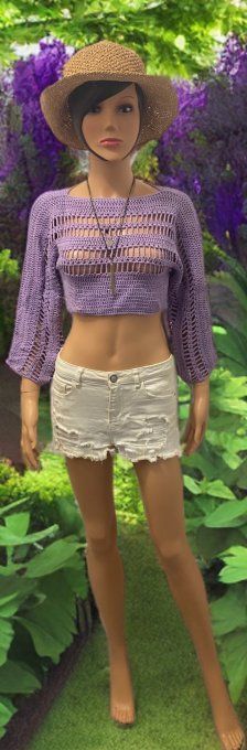 Crop-top crochet lavande ajouré, manches amples