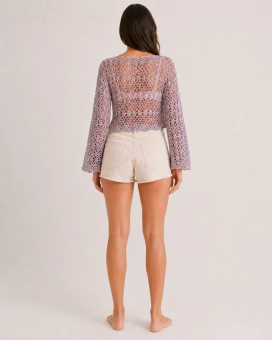 Pull crochet multicolore pastel ajouré, manches bouffantes