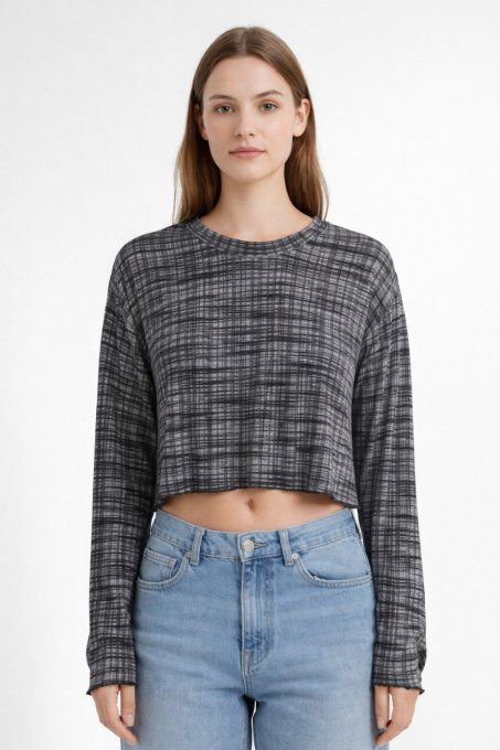 crop top manches longues à carreaux gris et noir Nelly XS