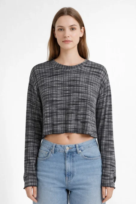 crop top manches longues à carreaux gris et noir Nelly XS
