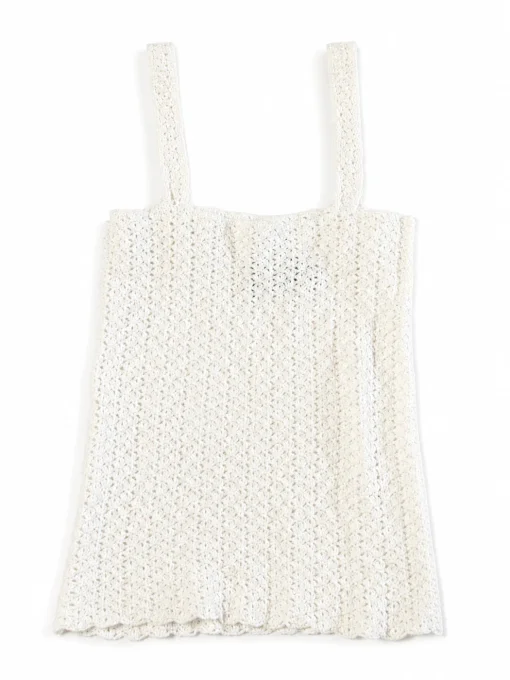 Débardeur femme écru en maille ajourée effet crochet – 100 % coton – S/36