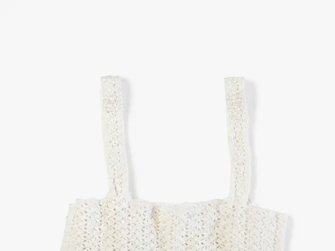 Débardeur femme écru en maille ajourée effet crochet – 100 % coton – S/36