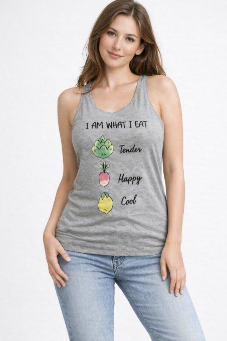 Débardeur femme Etam gris chiné imprimé I Am What I Eat taille L vue de face