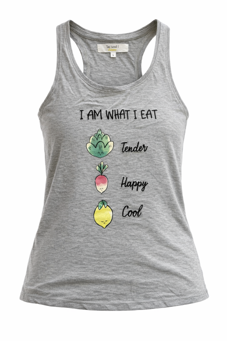 Débardeur Etam gris chiné imprimé I Am What I Eat taille L vue à plat