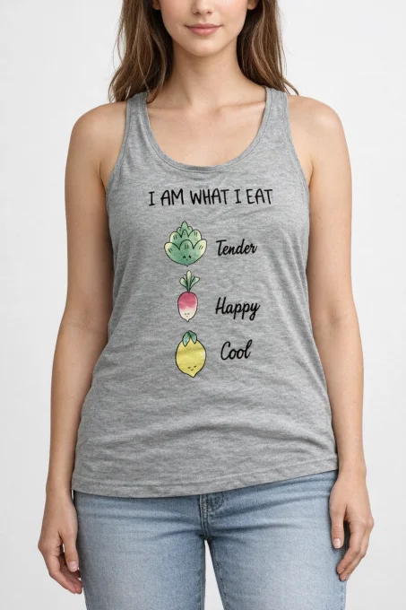 Débardeur femme Etam gris chiné imprimé I Am What I Eat taille L vue de face