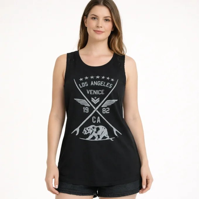 Debardeur noir femme avec imprime graphique Los Angeles Venice California porte de face