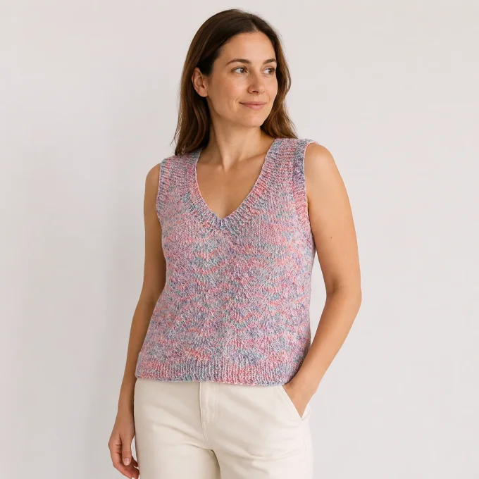 Débardeur sans manches en tricot multicolore aux nuances rose, bleu et violet pastel. Coupe col en V